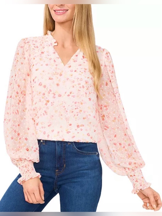 CeCe Tops - NWOT CeCe Women's Floral Clip Dot Smocked-Cuff V-Neck Blouse!